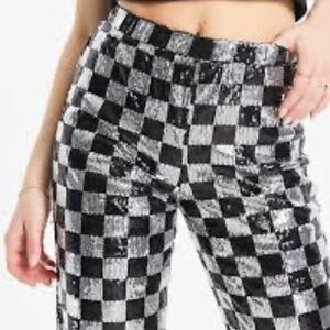 Noisy May flare pants in sequin checkerboard